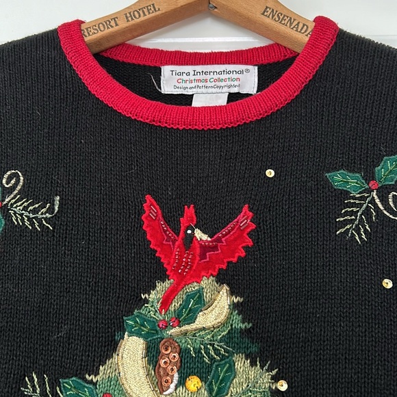 Beads Sequins Embroidery Cardinals Xmas Tree Ramie Cotton Sweater Tiara Int'l Lg - Picture 13 of 14